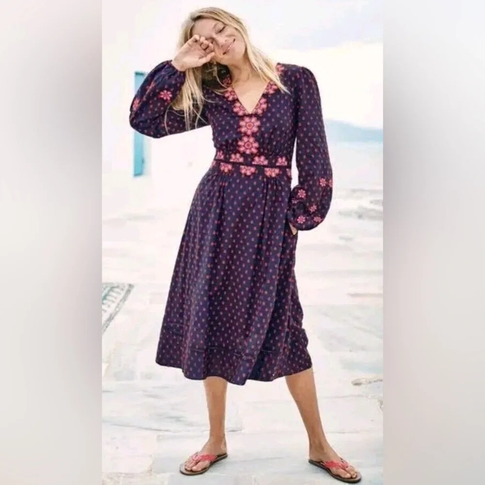 BODEN FLOSSIE EMBROIDERED MIDI DRESS - NAVY RED SPOT PINK - Picture 4 of 8